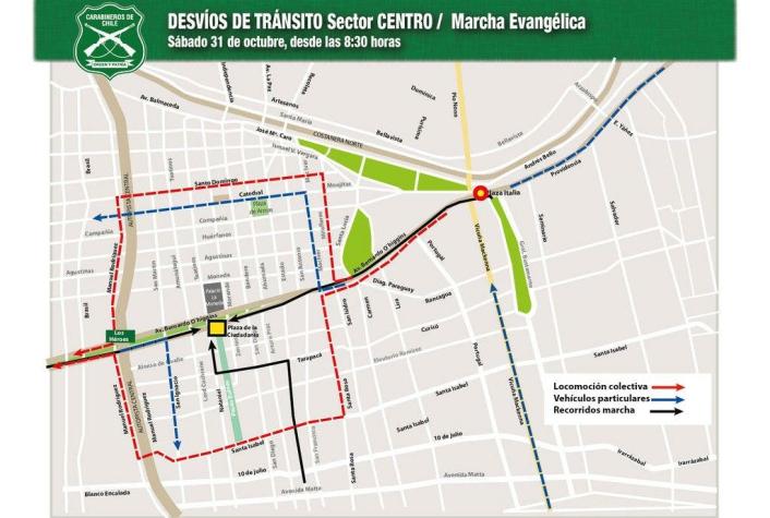Carabineros implementa desvíos de tránsito por marcha evangélica