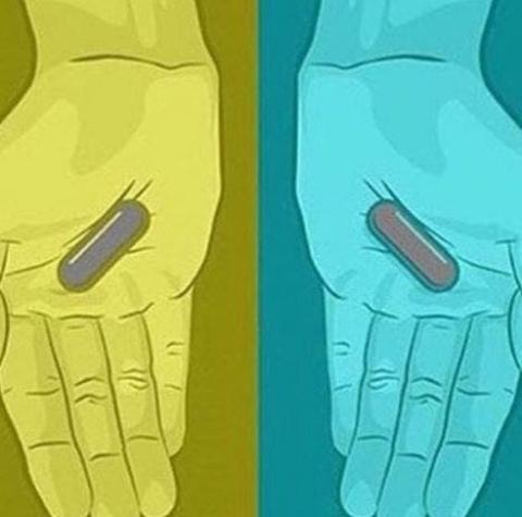 ¿De qué color ves estas pastillas: las dos grises o una azul y la otra roja?