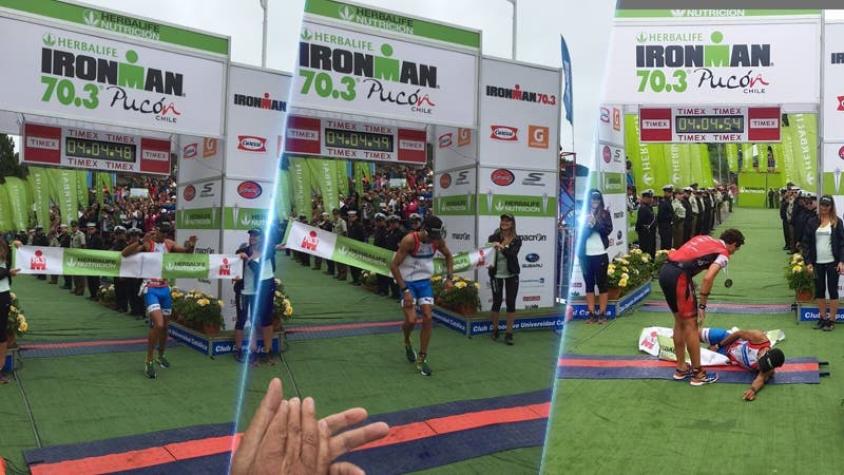 El chileno Felipe Barraza se desploma tras conseguir el tercer lugar en el Ironman de Pucón