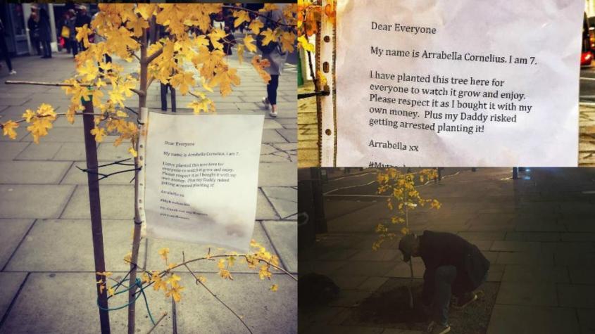 El poderoso mensaje de una niña y su padre al plantar un árbol en Londres