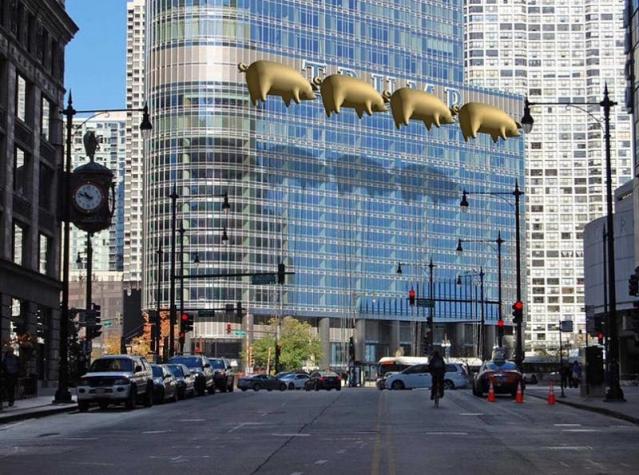 Inspirado en Pink Floyd: Cerdos inflables taparán las letras de la Trump Tower de Chicago