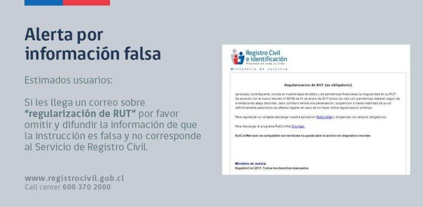 Registro Civil alerta de falso correo sobre "regularización de RUT"