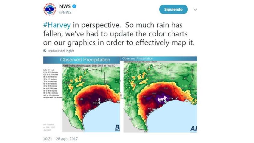 Tormenta Harvey obligó al Servicio Meteorológico Nacional a incluir nuevos colores en sus mapas