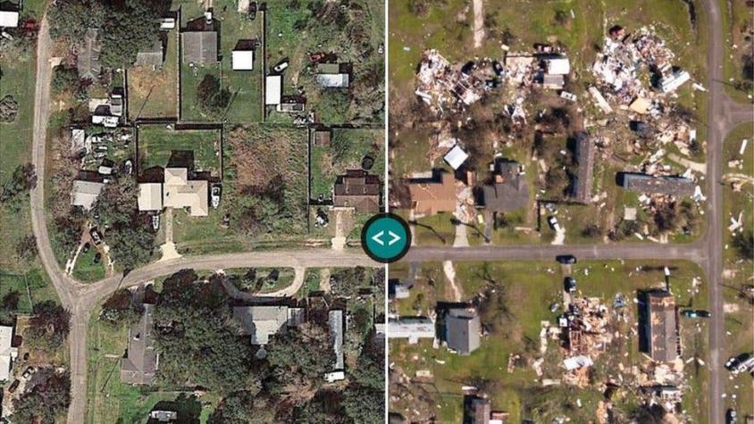 Dos imágenes que muestran el antes y después de Texas tras el paso del huracán Harvey