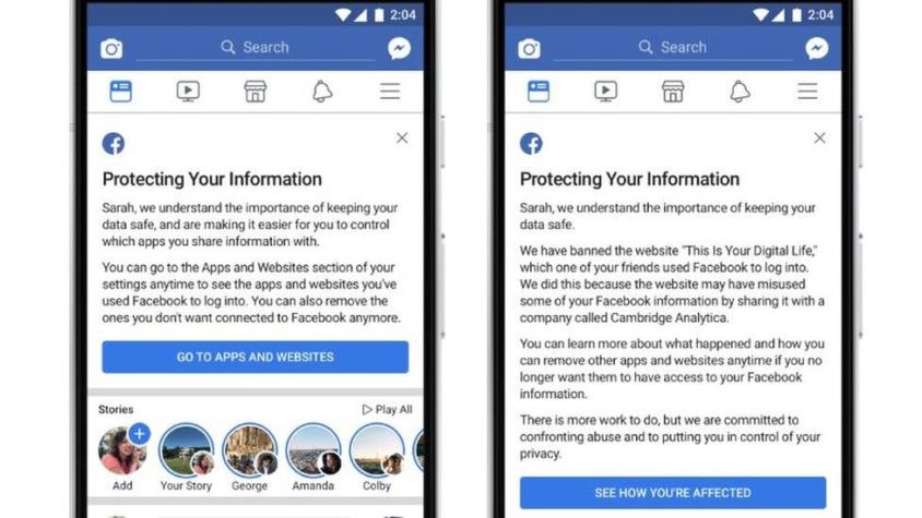 El mensaje que Facebook envió a los usuarios cuyos datos fueron usados por Cambridge Analytica