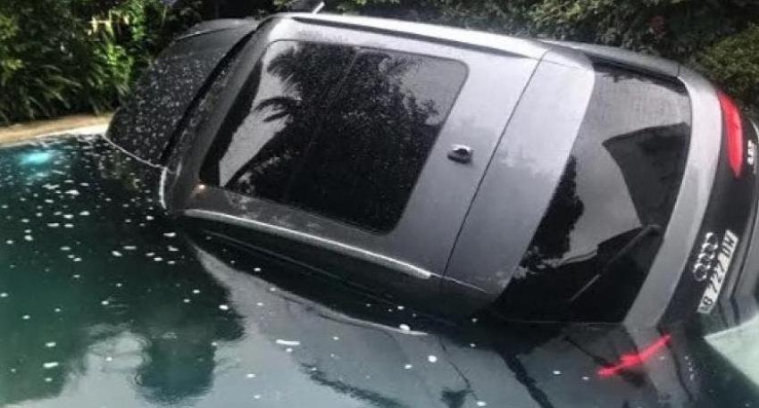 "Me caí yo con la camioneta": Auto de lujo terminó dentro de una piscina en Argentina