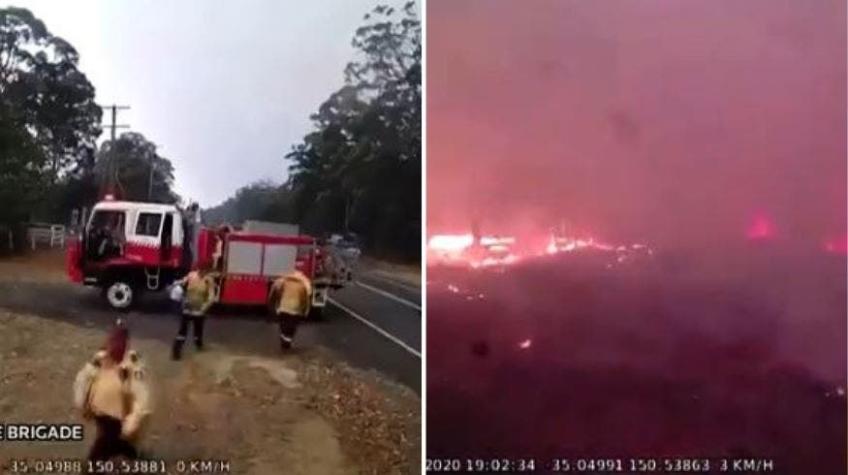 En solo segundos: Registro muestra cómo bomberos alcanzan a escapar de incendio en Australia