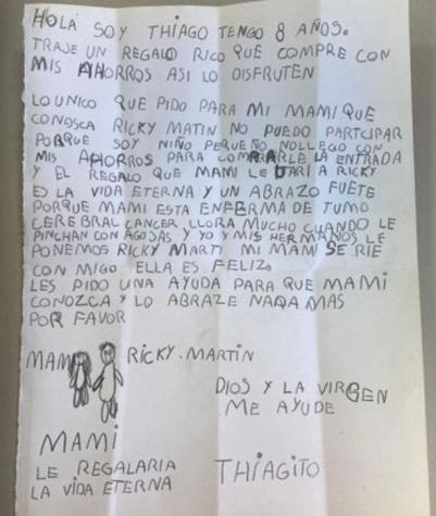 La carta de un niño que gastó sus ahorros para que su madre con cáncer pueda conocer a Ricky Martin