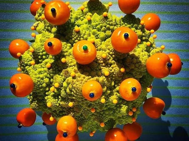 [FOTOS] Artista esculpe cada día un coronavirus con frutas y verduras