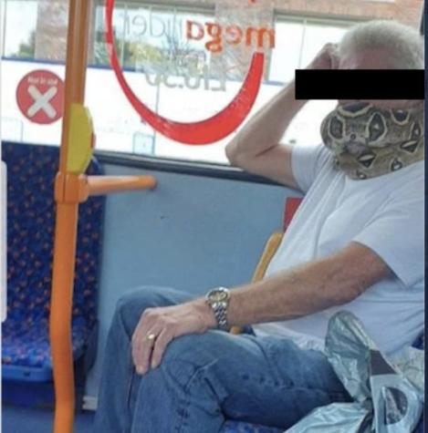 Hombre usa serpiente como mascarilla para subirse a un autobús en Inglaterra