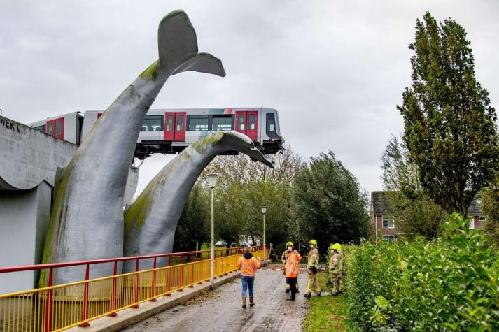 Escultura evita tragedia ferroviaria en Holanda: cola de ballena impide que metro caiga al agua