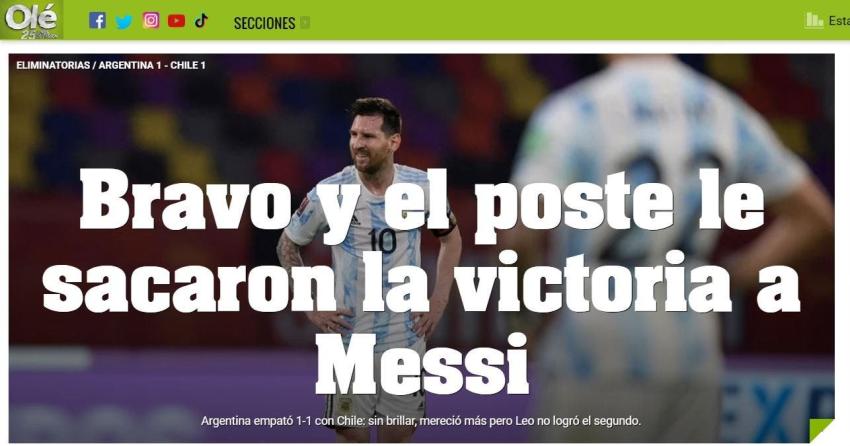 "Bravo y el poste le sacaron la victoria a Messi": Reacción de prensa argentina al empate ante Chile