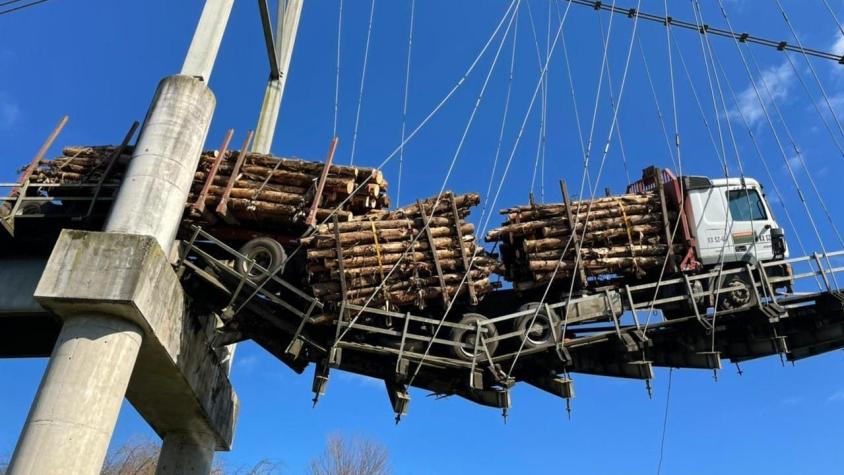 [FOTOS] Camión con madera queda colgando en pasarela de Carahue tras intentar cruzar la estructura