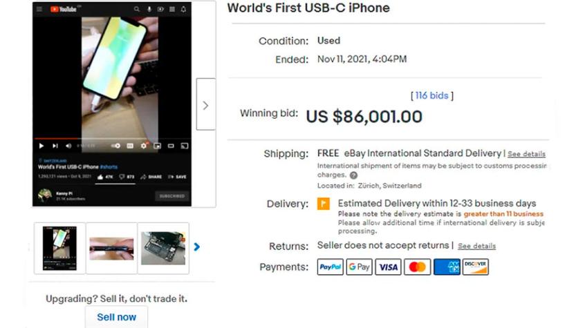 El primer iPhone con USB-C del mundo se vende en eBay por $86.000 dólares
