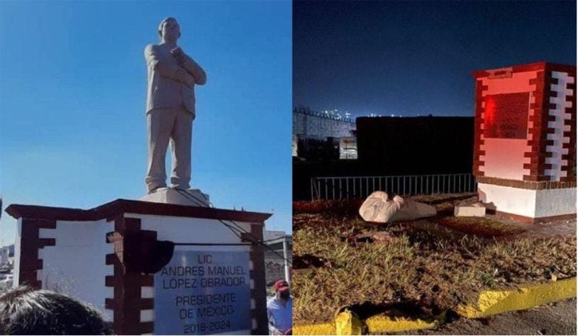 Derriban estatua del presidente López Obrador en el centro de México