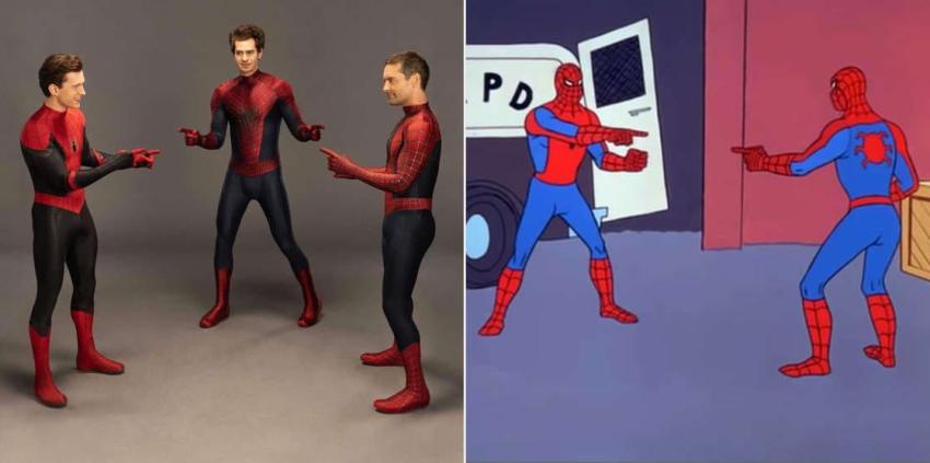 Los tres Spider-Man finalmente recrearon el meme apuntándose