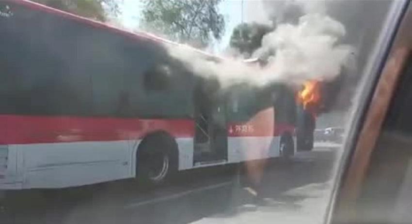 Cerca de 25 sujetos intimidan a conductor y queman micro del Transantiago frente al Metro Grecia