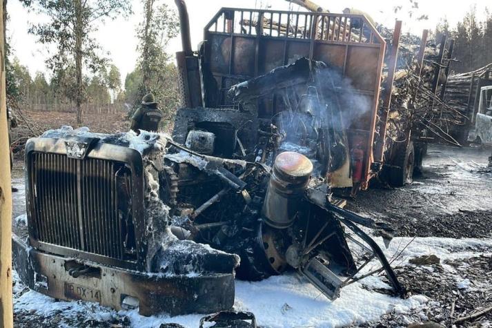 Encapuchados queman 5 camiones forestales en Collipulli: Carabineros acusa disparos en su contra