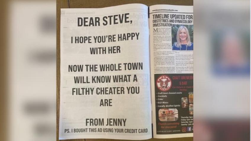 "Asqueroso infiel": Mujer pone un anuncio gigante en un diario para exponer engaño de su pareja