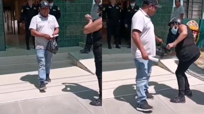 VIDEO | Hombre deja comisaría tras ser detenido y su madre lo recibe a correazos