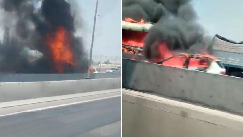Colisión múltiple en sector Lo Marcoleta de la Ruta 5 Norte: Vehículo resultó incendiado