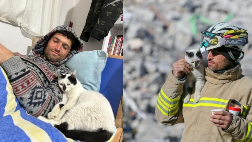 Terremoto en Turquía: Gatito rescatado desde los escombros no abandona al hombre que lo salvó