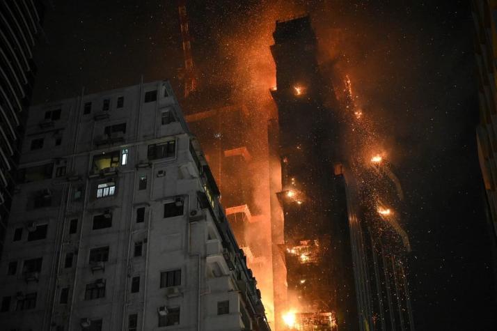 Espectacular incendio de un rascacielos en construcción en Hong Kong