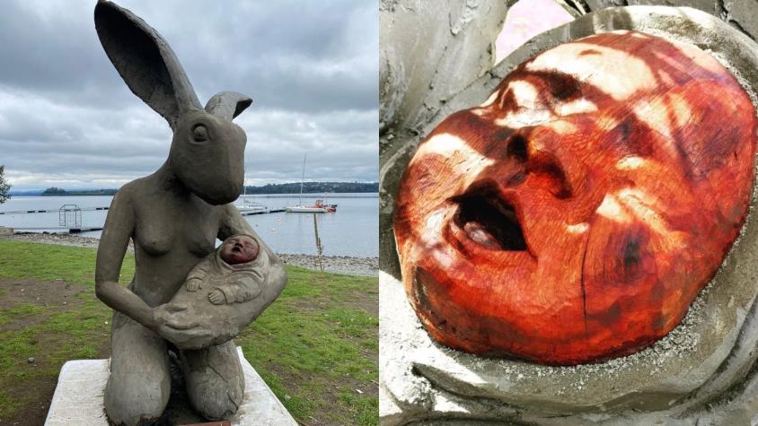 Llamativa escultura de conejo con guagua en brazos genera comentarios en Puerto Varas