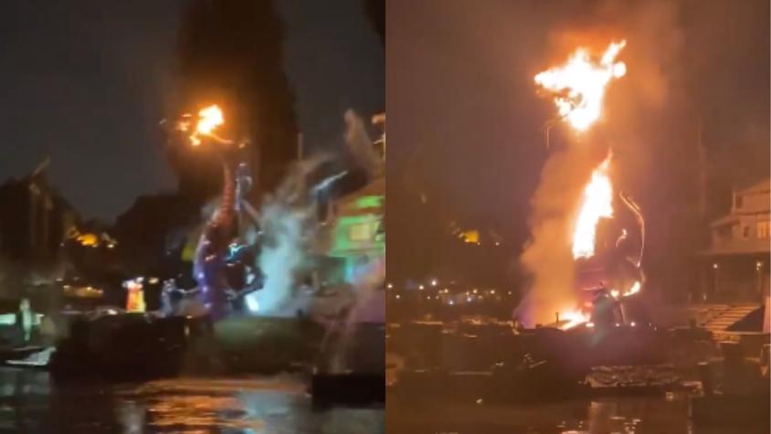 [VIDEO] Dragón de 15 metros se incendió en medio de un show de Disney