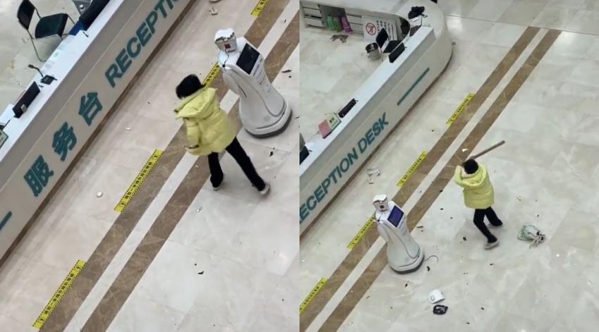 Perdió la paciencia: mujer golpea con un palo a robot en China