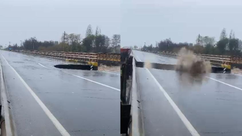 El momento exacto en que colapsa el Puente Lircay y desconecta la Ruta 5 Sur