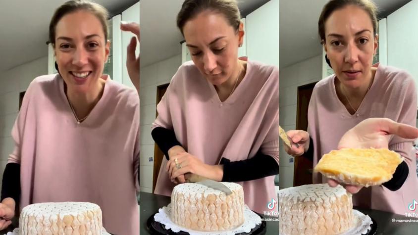Mujer causa polémica en TikTok con tutorial para cortar una torta y hacerla cundir: "Ya me tienen chata con el vaso"