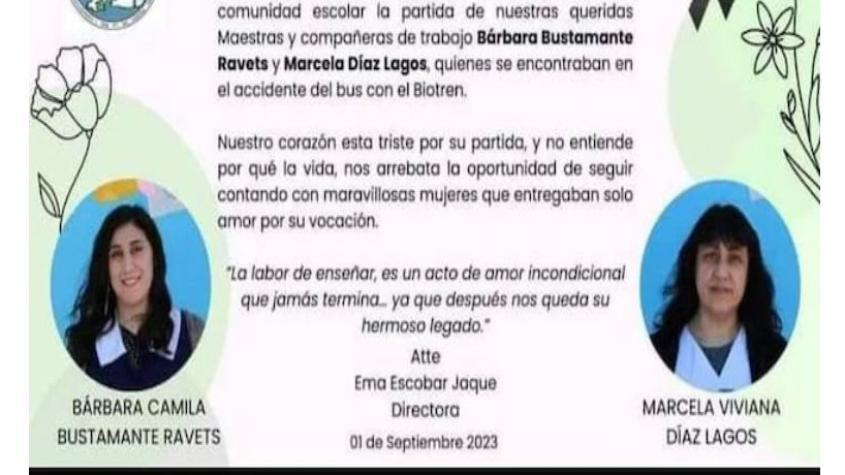 "Nuestro corazón está triste": Escuela de Nahuelbuta despide a profesoras fallecidas en choque de Biotrén con bus