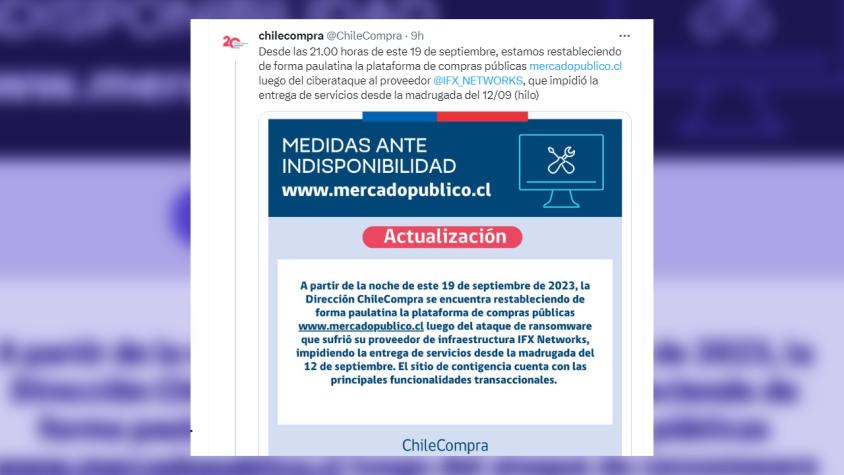 ChileCompra restablece paulatinamente la operación de la plataforma Mercado Público tras ataque cibernético ChileCompra restablece paulatinamente la operación de la plataforma Mercado Público tras ataque cibernético