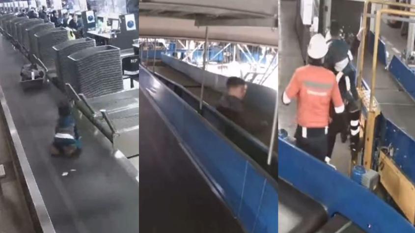 Niño se cuela en cinta transportadora de equipaje del Aeropuerto de Santiago y debe ser rescatado por trabajadores