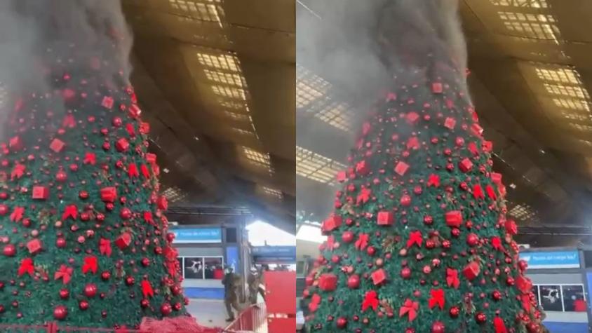 Desalojo a vendedores ambulantes en Estación Central terminó con incidentes: árbol de Navidad resultó quemado