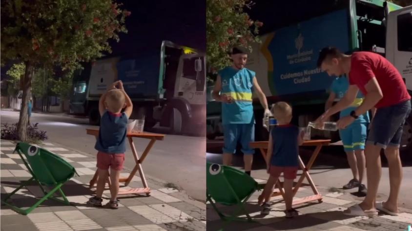 "Hermoso gesto": Niño y su padre esperaron con refrescos a recolectores de basura tras calurosa jornada con 39°C