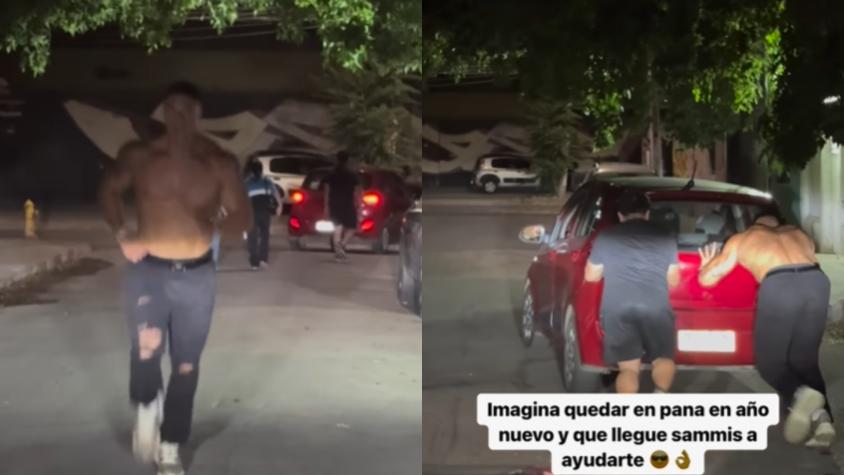 "Es como un superhéroe": Captan a Sammis Reyes ayudando a empujar auto en panne en Año Nuevo