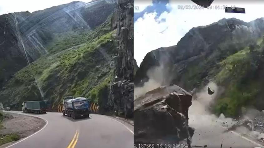El brutal momento en que un deslizamiento de rocas aplasta un camión en Perú