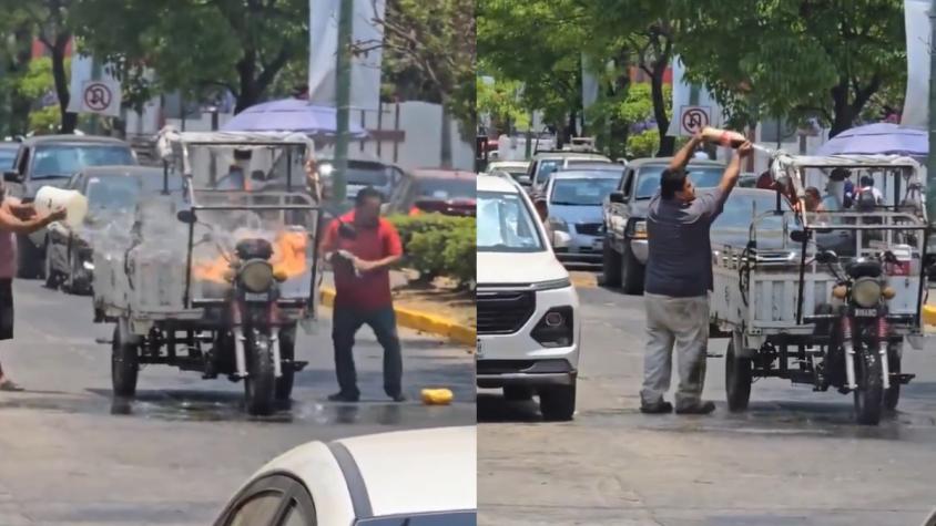 No pudo con agua pero sí con bebida: hombre se viraliza tras controlar incendio lanzando un chorro a presión