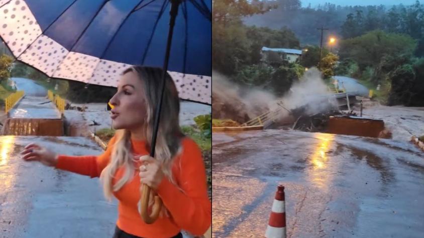 En plena transmisión: Puente colapsa tras fuertes lluvias en Brasil durante despacho de alcaldesa 