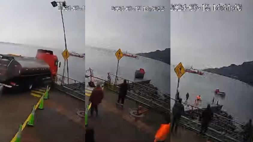 Captan Momento en que camión cayó al mar en Puerto Montt: Carabinero se lanzó al mar para rescatar a chofer