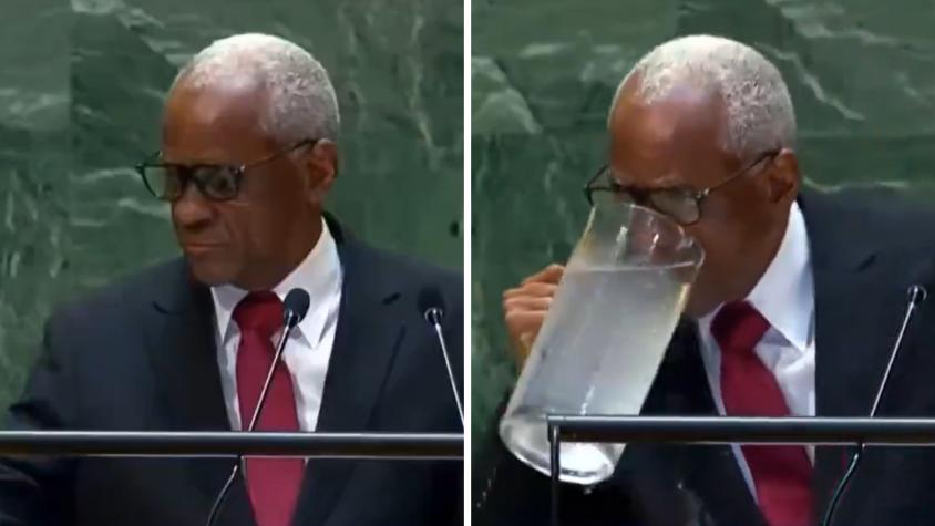 Autoridad haitiana tomó agua directo de un jarrón y quedó todo mojado en medio de su discurso en la ONU