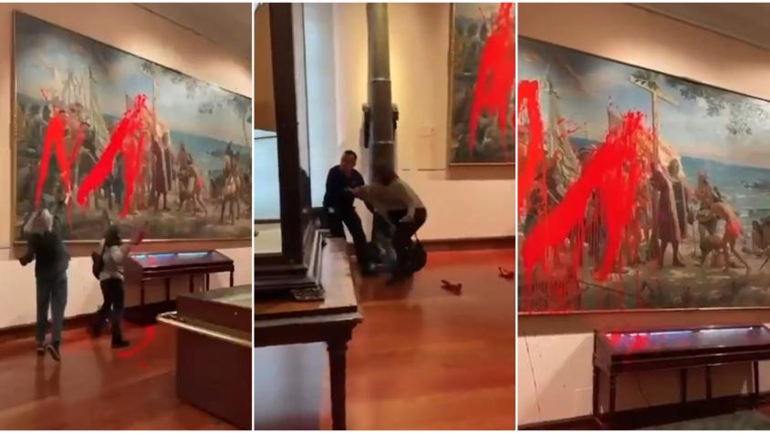 Activistas vandalizan cuadro y homenaje a Cristóbal Colón en museo español: Protestaron contra el "Día de la Hispanidad"
