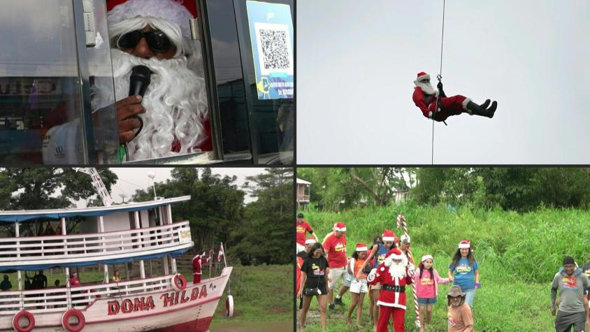En bote, bus y rápel, Papá Noel reparte regalos sin trineo en América Latina