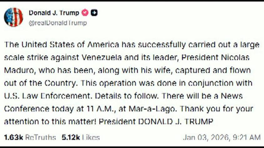 Trump dice que Maduro fue "capturado y sacado" de Venezuela Trump dice que Maduro fue "capturado y sacado" de Venezuela