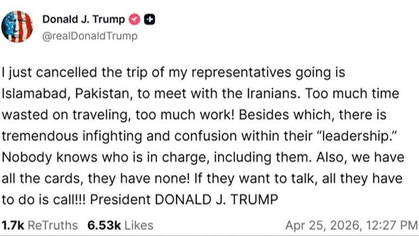 Trump cancela viaje de sus emisarios a conversaciones con Irán en Pakistán