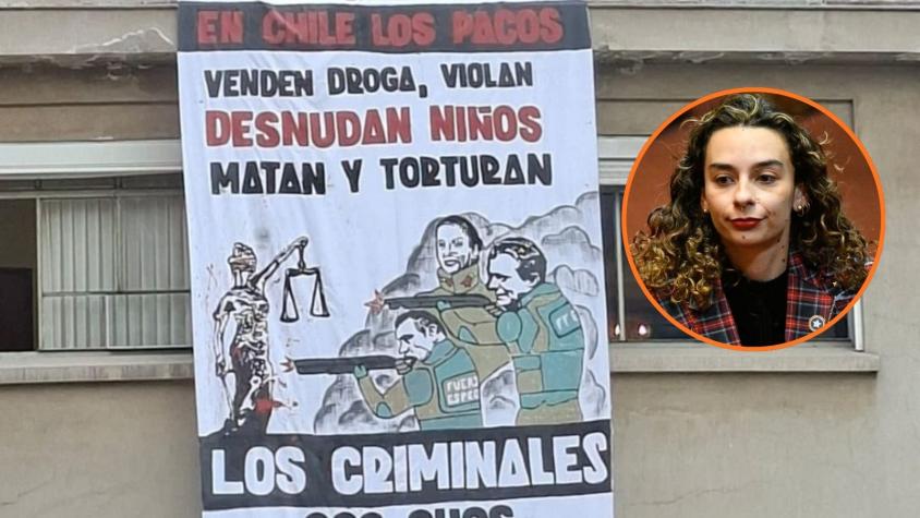 “Los futuros abogados”: Diputada Rodríguez denuncia lienzo de las JJ.CC. con su rostro en la U. de Chile