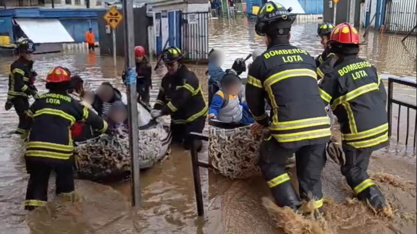 Sistema frontal en el sur causa estragos en Lota: Niños fueron rescatados en botes zodiac tras inundarse el colegio